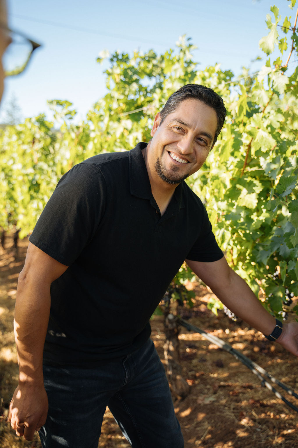 A man wearing a black polo shirt smiles while standing among green grapevines in a vineyard on a sunny day.
